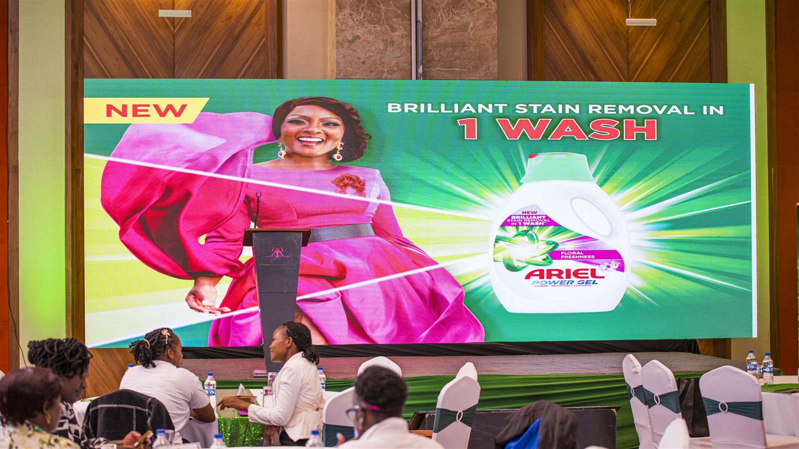 ARIEL Power Gel launch presentation on the main screen before attendees