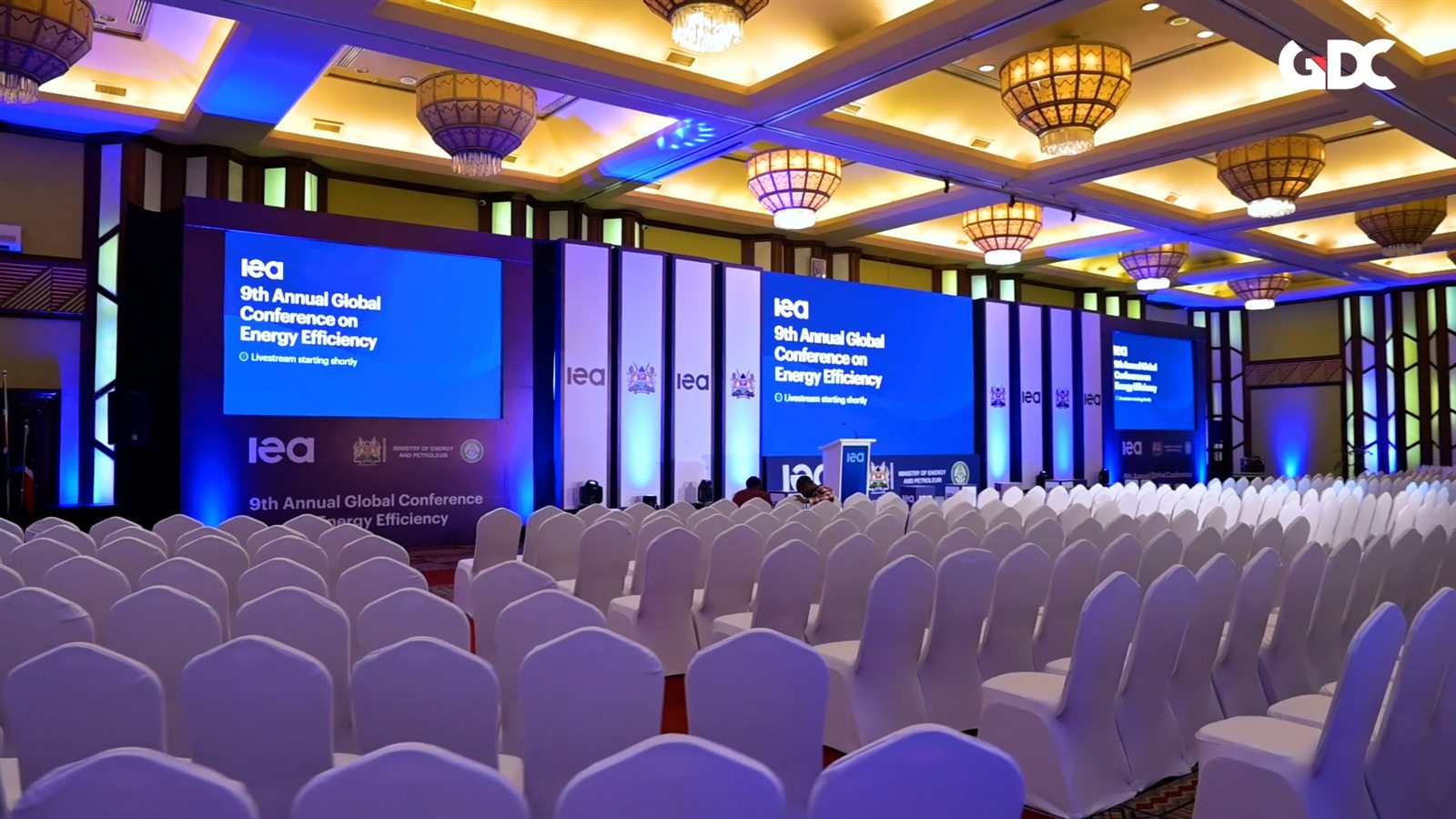 Blue IEA Energy Efficiency Conference stage and delegate seating in Nairobi