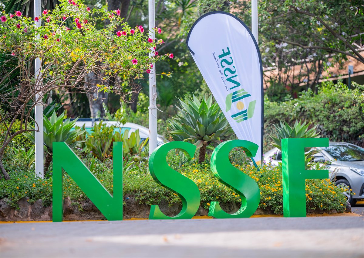 Green NSSF letters and event banner outside the AGM venue