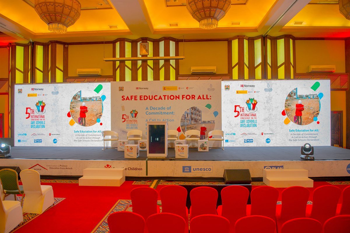 Stage and branded backdrop for the 5th Safe Schools Declaration Conference