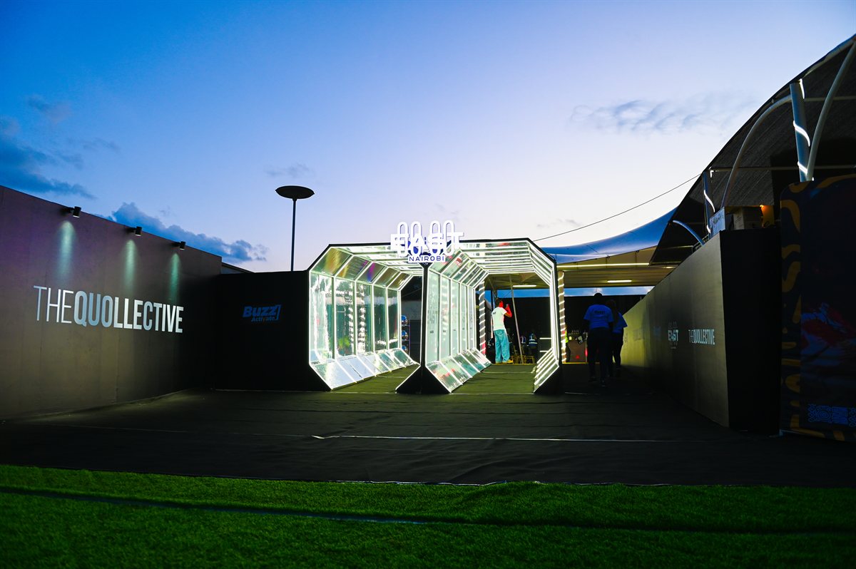 The illuminated geometric entrance and branded walls at Midnight East Nairobi
